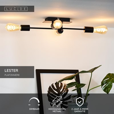 Lucide LESTER - Plafonnière - 4xE27 - Zwart
